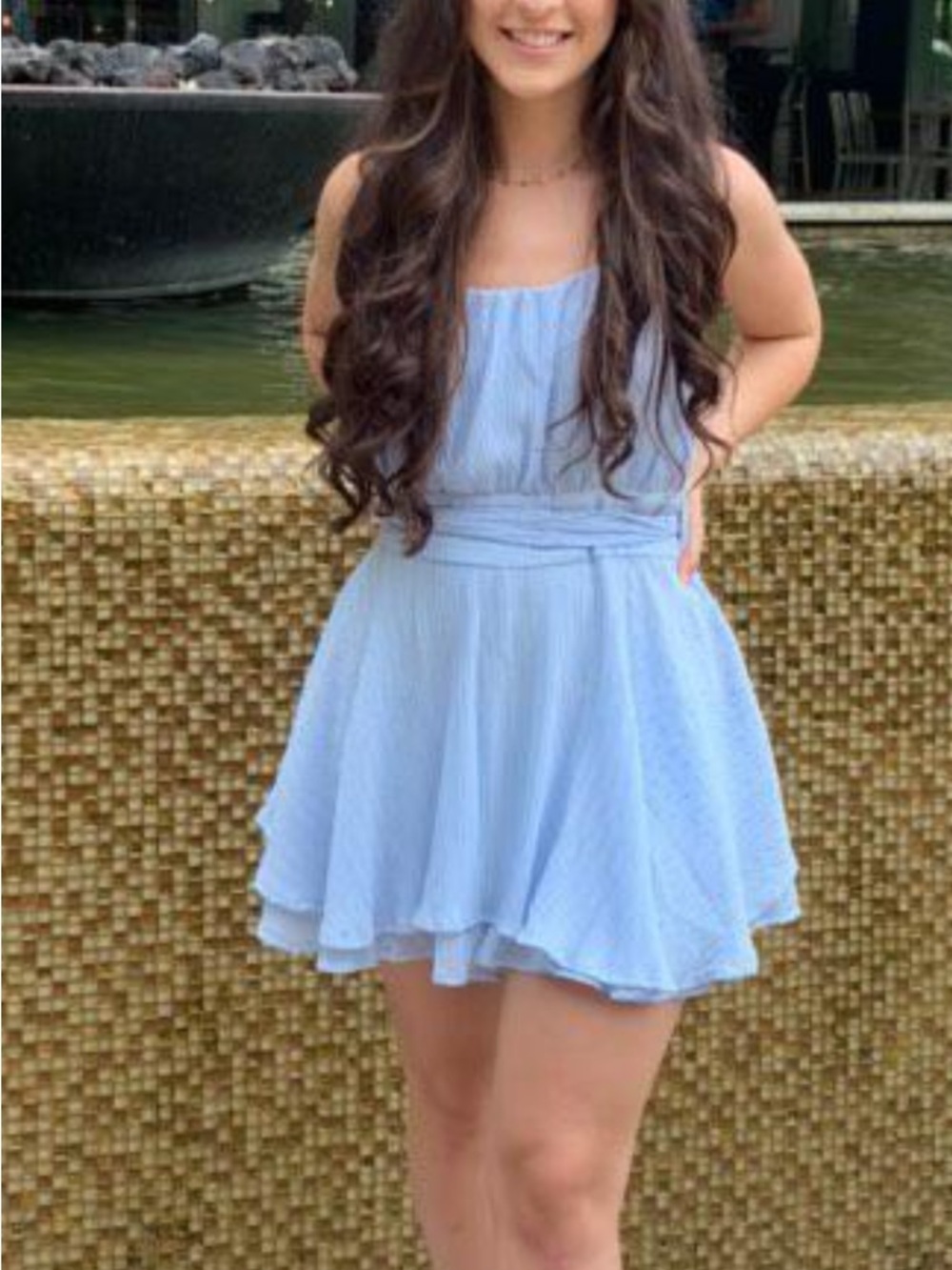 the clothing company Light Blue Romper tiered Large 3 layered tie back strappy